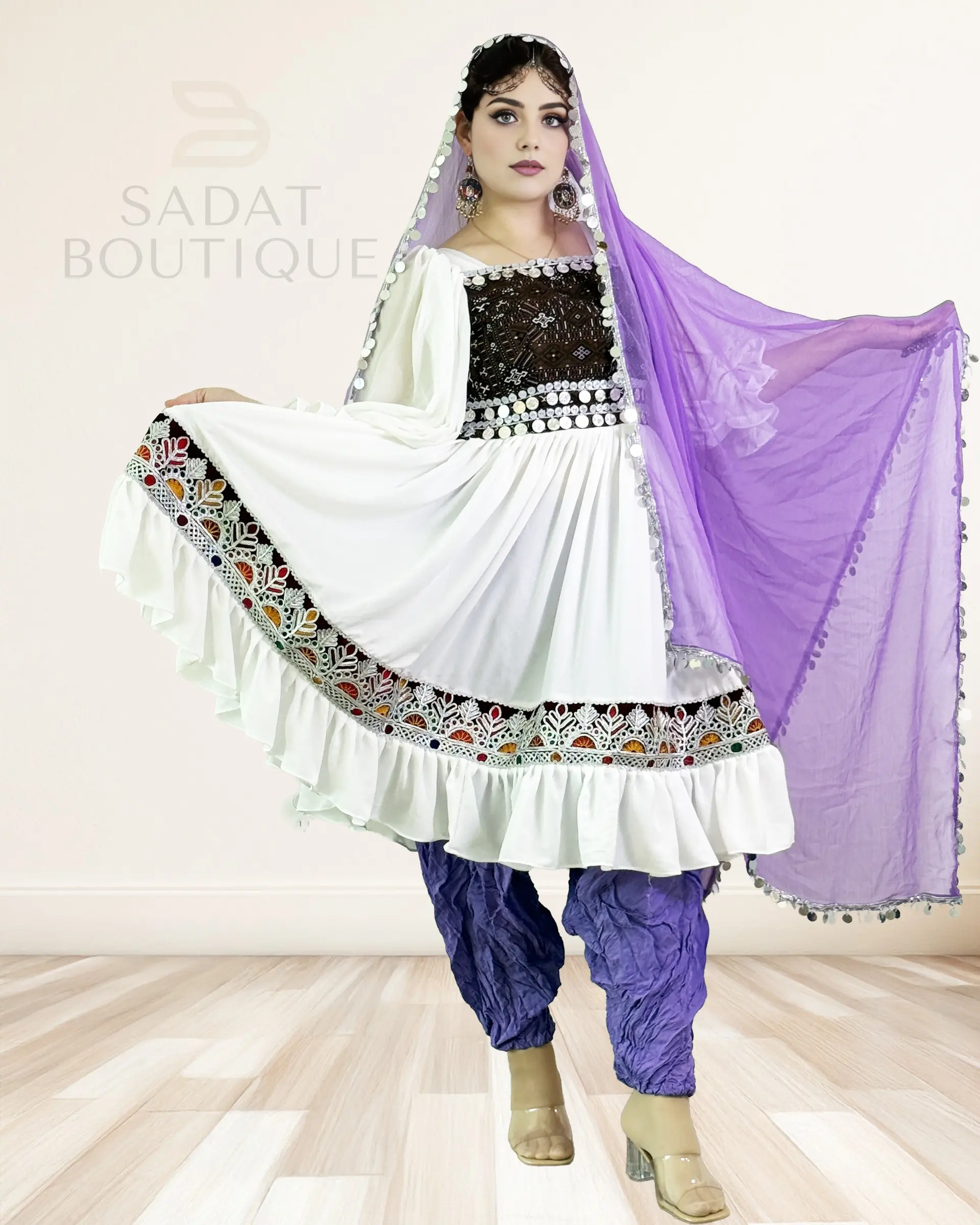 Women's Traditional Afghan Dress, 3-Piece Hand-Embroidered Set with Mirrorwork, Shalwar & Dupatta with Silver Trim for Bridal, Party Wear, Clothes, Costumes, Light, Fabric