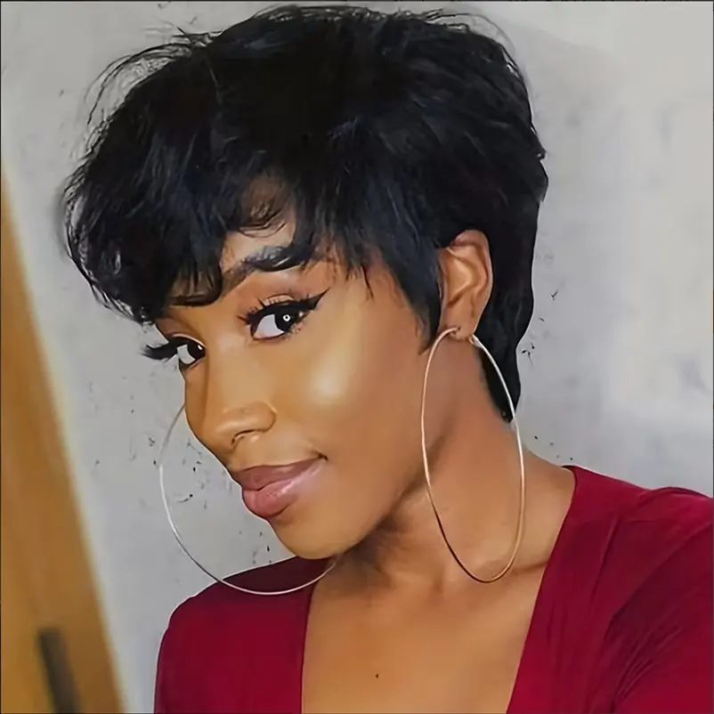 OPQHAIR Women's Elegant Short Straight Pixie Cut Fashion Wig with Bangs, Soft Rose Net Cap, Natural Look Human Hair Full Machine Wig for Daily Wear, Human Hair Wigs