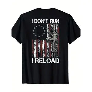 Cotton Short Sleeve  T-Shirt Men's "I Don't Run, I Reload" American Flag Graphic T-Shirt - 100% Cotton, Crew Neck, Short Sleeve, Regular Fit, Casual All-Season Wear with Patriotic Design, Perfect for Holidays & Everyday Use