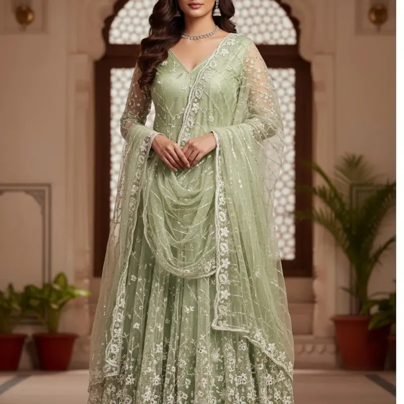 Sal Best Quality Fabric Gown with Elegant Embroidery and Drape Design for Special Occasions