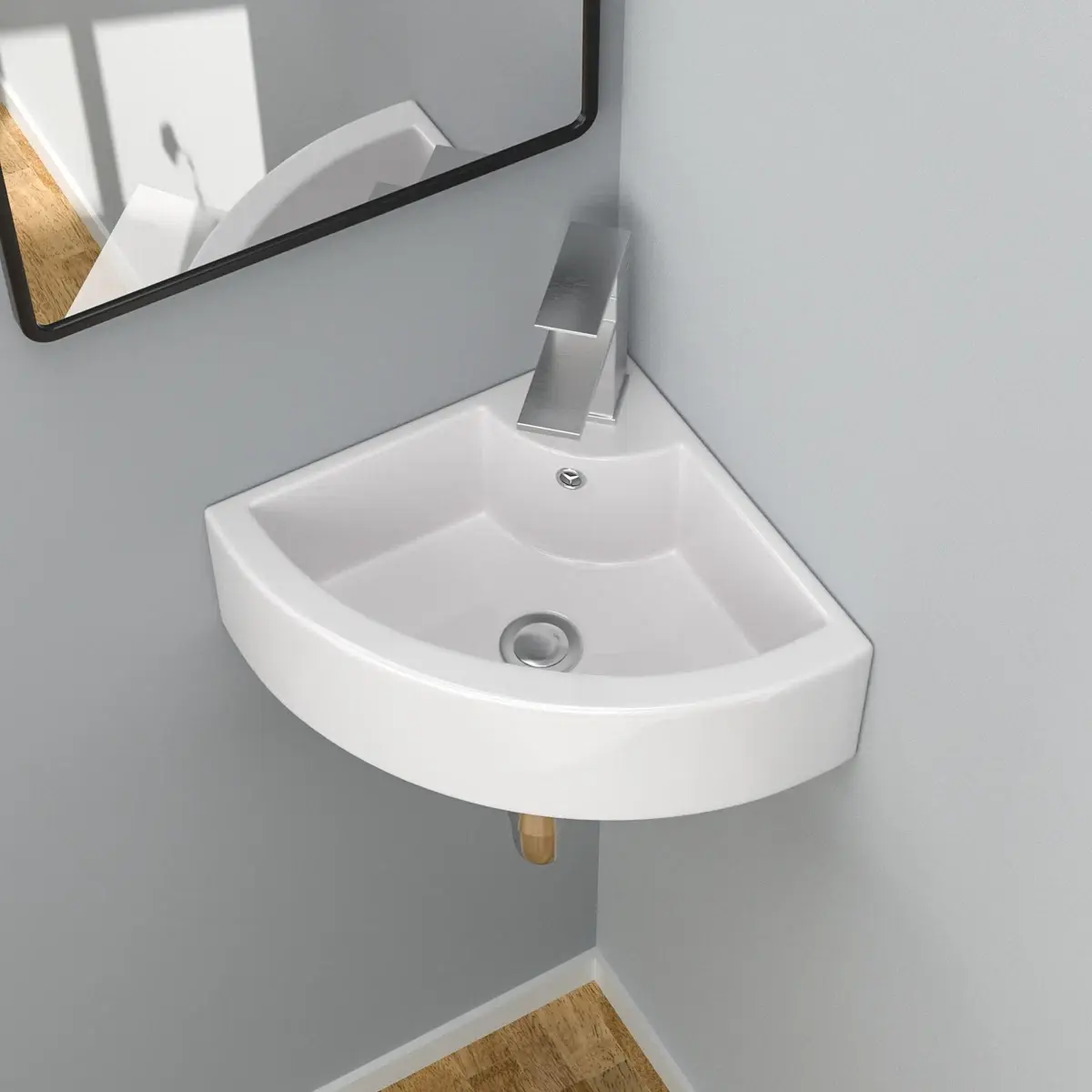 Kichae Modern 18in x13in White Ceramic Wall-Mount Corner Washing Sink Unit - Space-Saving Triangle Vessel, Overflow, Faucet Hole, for Tiny Bathroom Installation