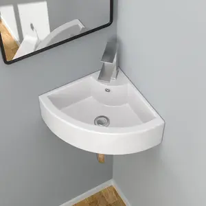 Kichae 18"x13" White Ceramic Wall-Mounted Corner Bathroom Sink, with Overflow and Faucet Hole