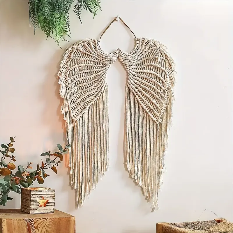 Bohemian Angel Wing Macrame Wall Hanging Tapestry with Long Tassels - White Multicolor 17.72*26.77inch Art Decoration, Indoor Wall Decor for Bedroom, Living Room Home Ornaments