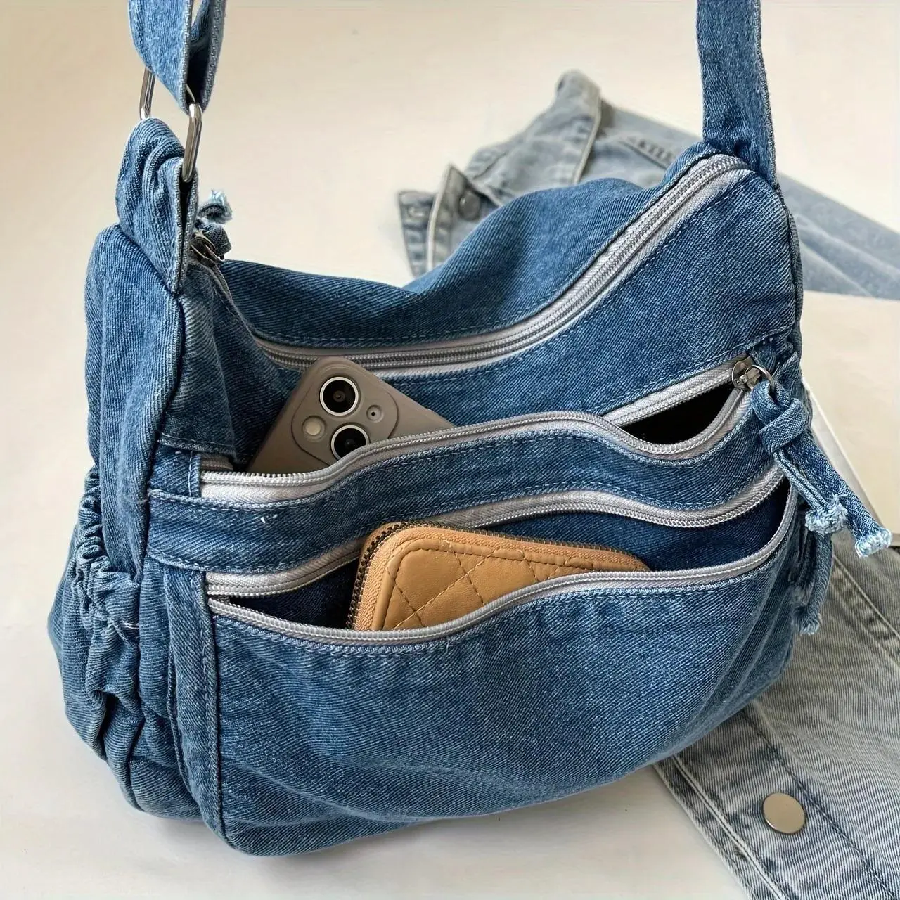 Ladies' Solid Color Denim Crossbody Bag - Adjustable Shoulder Straps, Multiple Zipper Compartments, Practical Fashionable Design, Daily Sports & Outdoor Gym Use, Denim Shoulder Purse, Women's Fashion, Crossbody Strap, Plain, Handsfree Carry, Multi-Zip Com