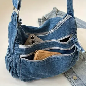 Ladies' Casual Solid Color Denim Crossbody Bag, Adjustable Shoulder Straps, Multiple Zipper Compartments, Fabric Shoulder Bag, Practical And Fashionable Design, Daily Use