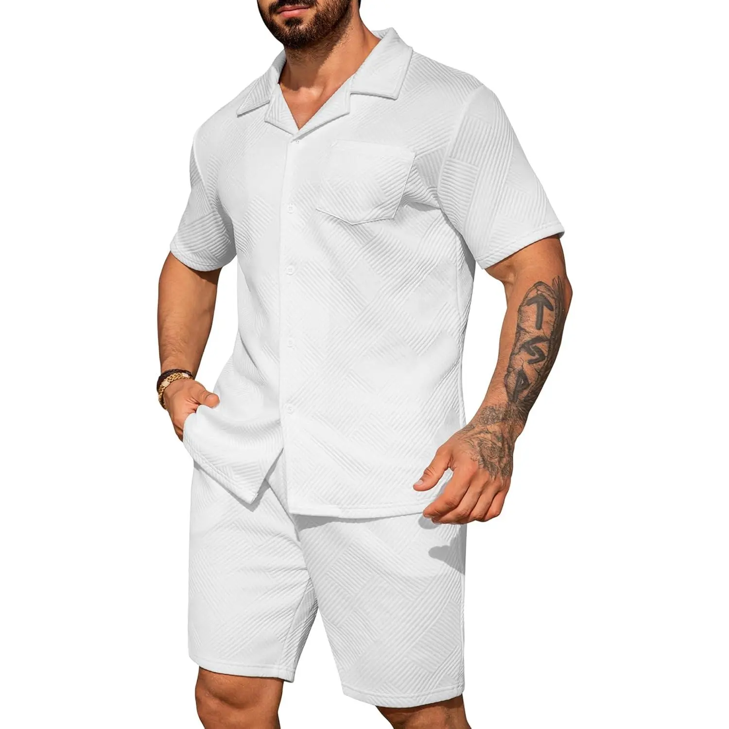 URRU Mens 2 Piece Outfits Summer Casual Texture Beach Short Sleeve Button Down Shirts and Shorts Set with Pocket