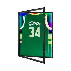 Jersey Frame Display Case LED Lights Lockable Shadow Box with UV Protection Acrylic and Metal Hanger for Baseball Basketball Football Shirts Black