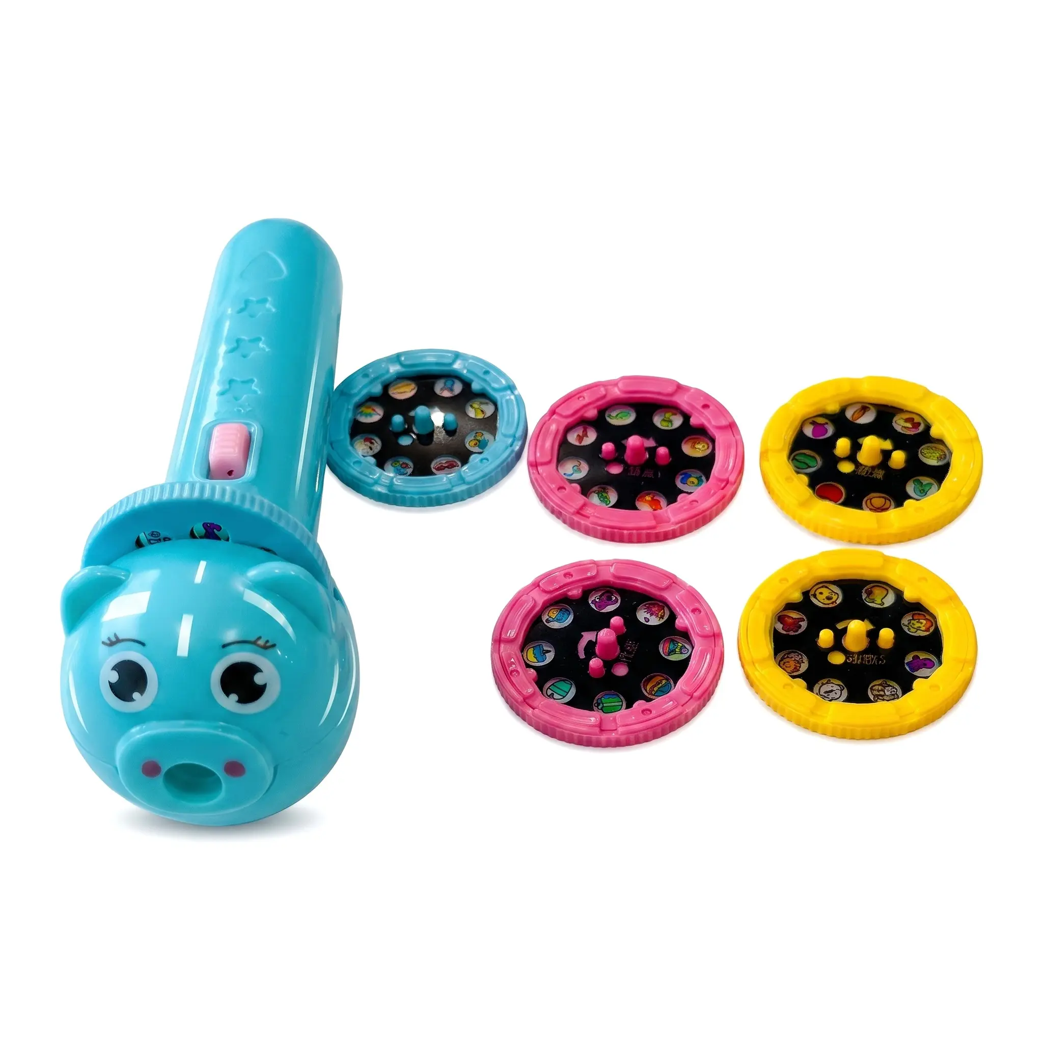Cute Pig Unisex Preschool Learning Tool Storytelling Flashlight Projector Toy with Sliding Switch, 6 Slides, 48 Patterns, Safe ABS Plastic, Pink/Blue/Yellow Early Education Toy for Classroom & Home Use