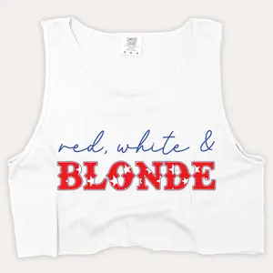 4th Of July Shirt Crop Tank Top - Red, White & Blonde Collar Fabric Fit Soft