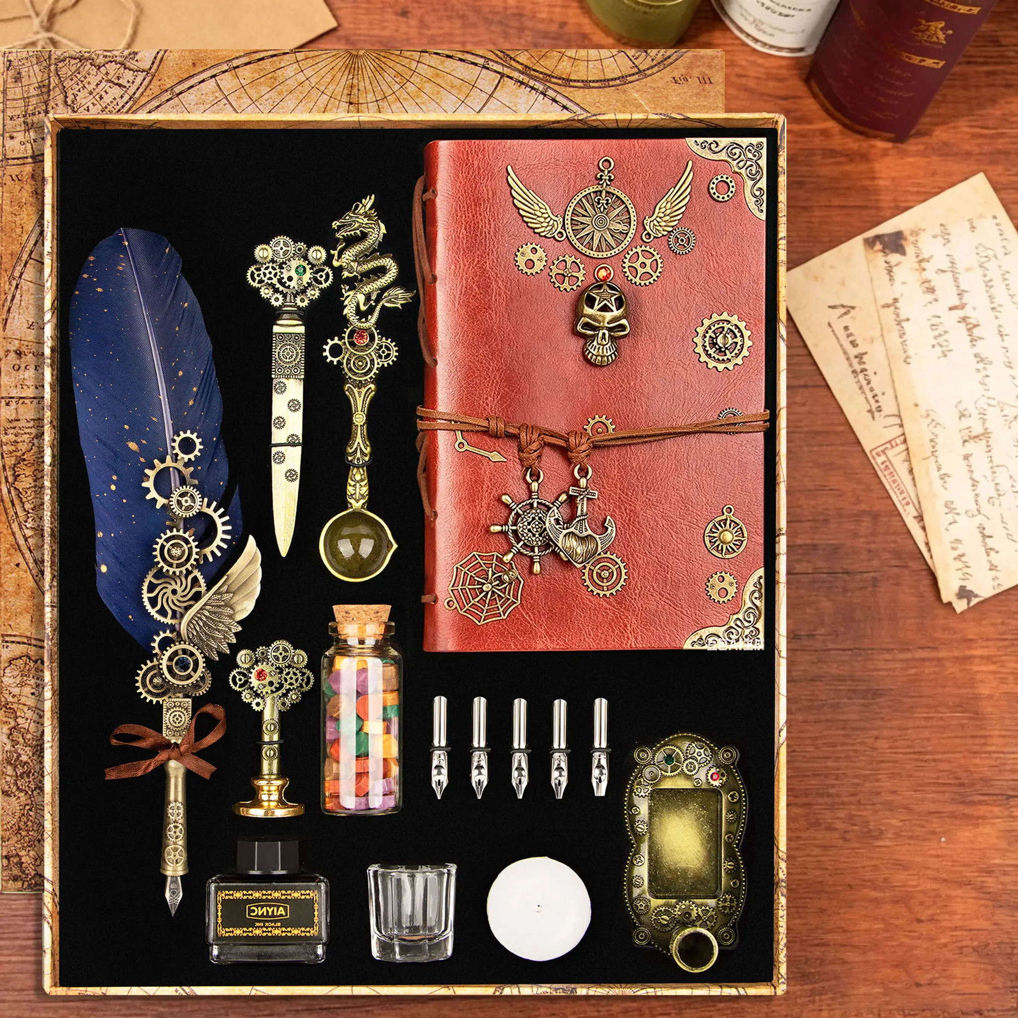 Steampunk Feather Quill Pen Set Antique Writing Kit with Leather Journal, Wax Seal Stamp, Color Ink,Antique Dip Pen Box(Blue Feather)