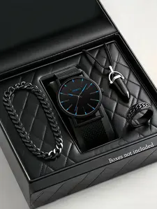 Men's Sport Style Scale Pattern Round Quartz Jewelry Watch Set with Bullet Pendant Necklace Ring Bracelet, Alloy Strap, Casual Wear