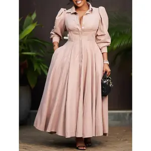 2025 new d570 WOMEN'S elegant long sleeve flocked shirt dress fashion solid color mid-length dress