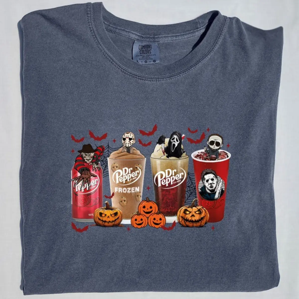 Comfort Colors Horror Movie Soda Halloween Shirt, Vintage Dr Pepper Spooky Graphic T-Shirt, Horror Characters Soda Can Slush Cup Halloween Gift Unisex Top,Trendy Horror Movie Tee