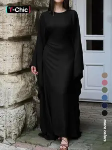Women's Solid Color Loose-Fitting Batwing-Sleeve Long Dress, Casual Everyday Wear, Womenswear, Minimalist Chic Summer Woven Fabric Dress, Perfect for Relaxed Outings