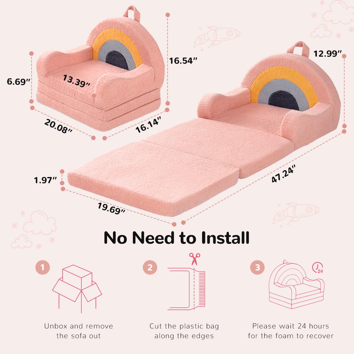 COMOMY Toddler Couch, 2 in 1 Kids Couch, Foldable Baby Soft Couch Chair for Boys and Girls Gift, Convertible Sofa to Lounger- Ideal for Napping, Reading, and Playing, Rainbow, Pink