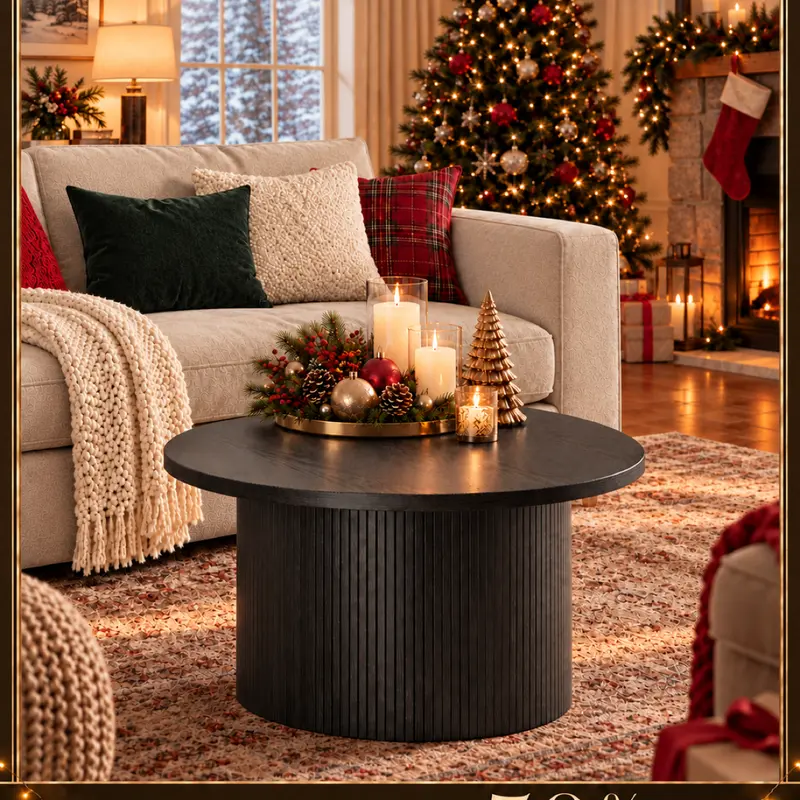 【Black Friday】ONBRILL 31.5" Gorgeous Fluted Coffee Table, Round Mid Century Coffee Tables for Living Room, Cute Modern Wood Coffee Table, Drum Accent Small Center Table, Bedroom Furniture, Christmas Gift