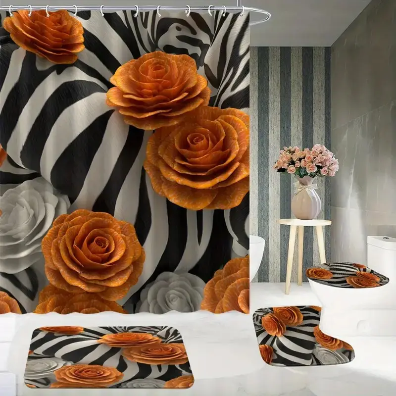 4 pcs black and white stripes, orange rose pattern, Floral Shower Curtains For Bathroom, Decorative shower curtain, shower curtain set, non-slip floor mat, U-shaped carpet, toilet lid cover, perfect for bathroom decoration, 12 shower curtain hooks
