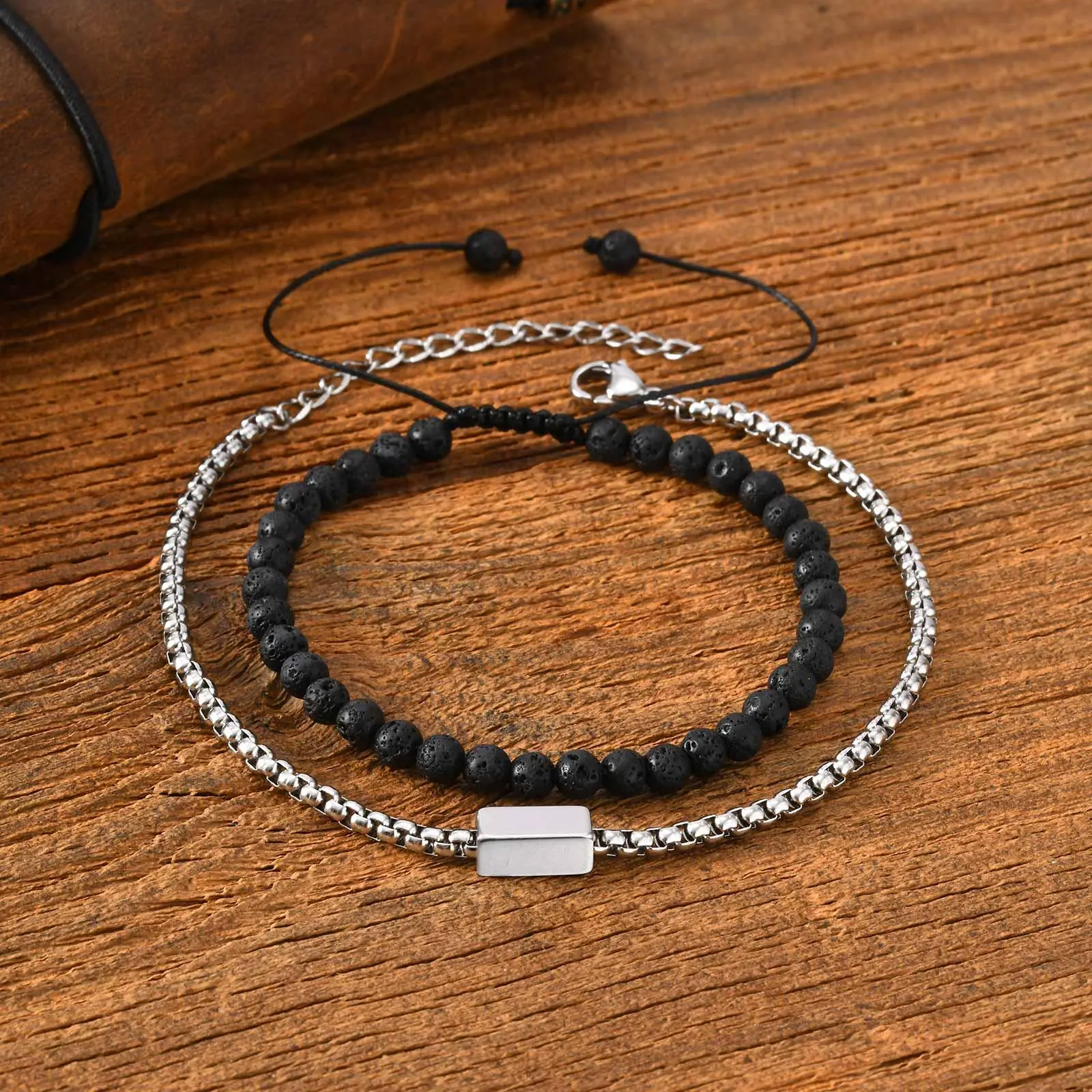 Vnox 2pcs/Set Adjustable Natural Stone Beads Bracelet Set with Stainless Steel Square Box Chain, Men's Casual Jewelry Set Gifts