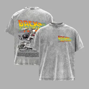 Men's Vintage Sci-Fi 'Back to the Future' DeLorean Graphic Tee - Double-Sided Oversized 100% Cotton Distressed Light Gray T-Shirt, Retro Streetwear Casual Top