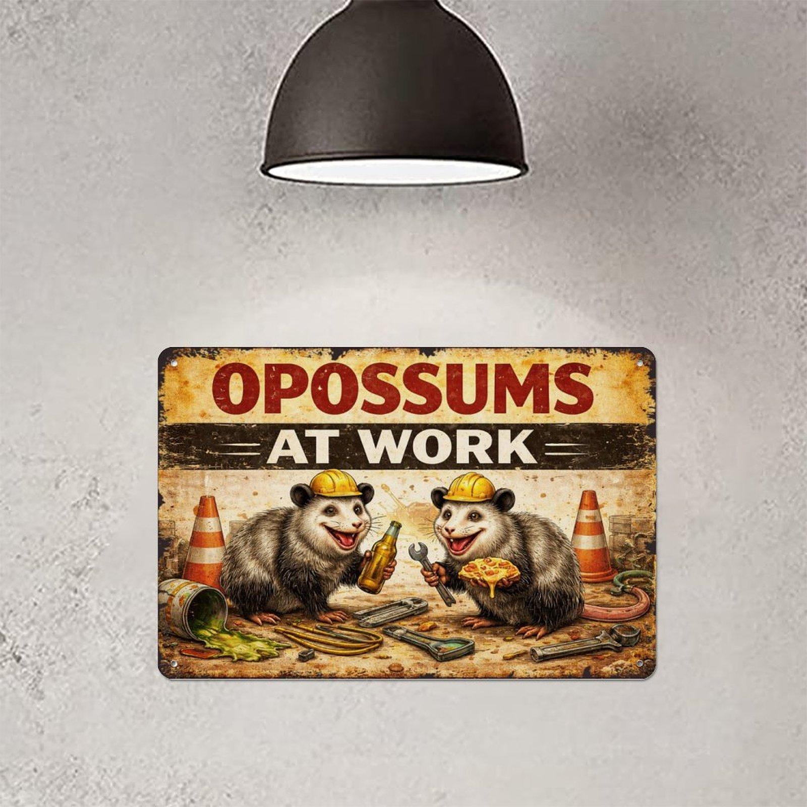 12x8 Inch "Opossums At Work" Retro Metal Sign, Funny Opossum Garage Decor for Tool Shop & Home