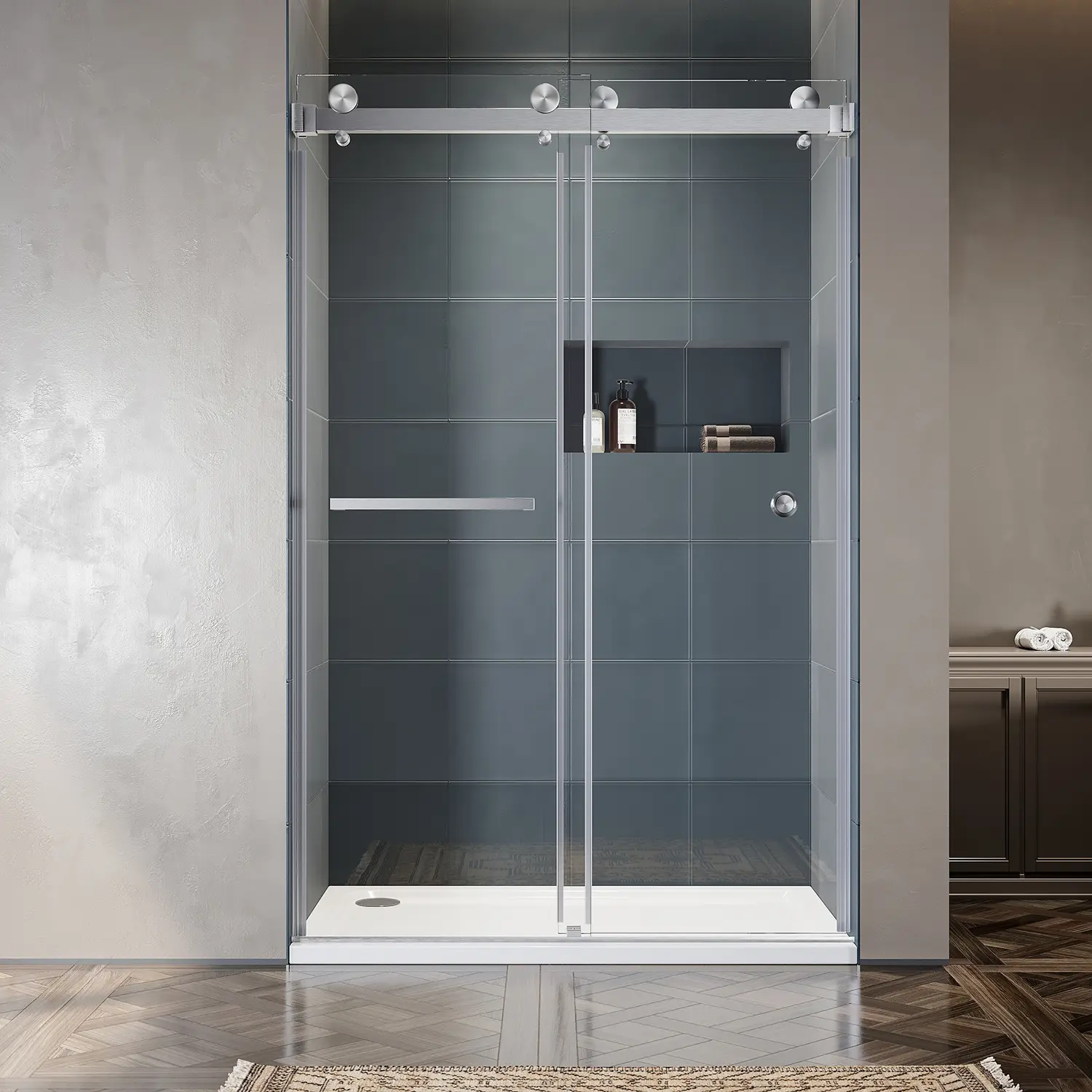 UNIKOO Royal Series 46-49" W x 80" H Frameless Stainless Steel Bypass Shower Door with 3/8" Clear Tempered Glass UKD01-4980