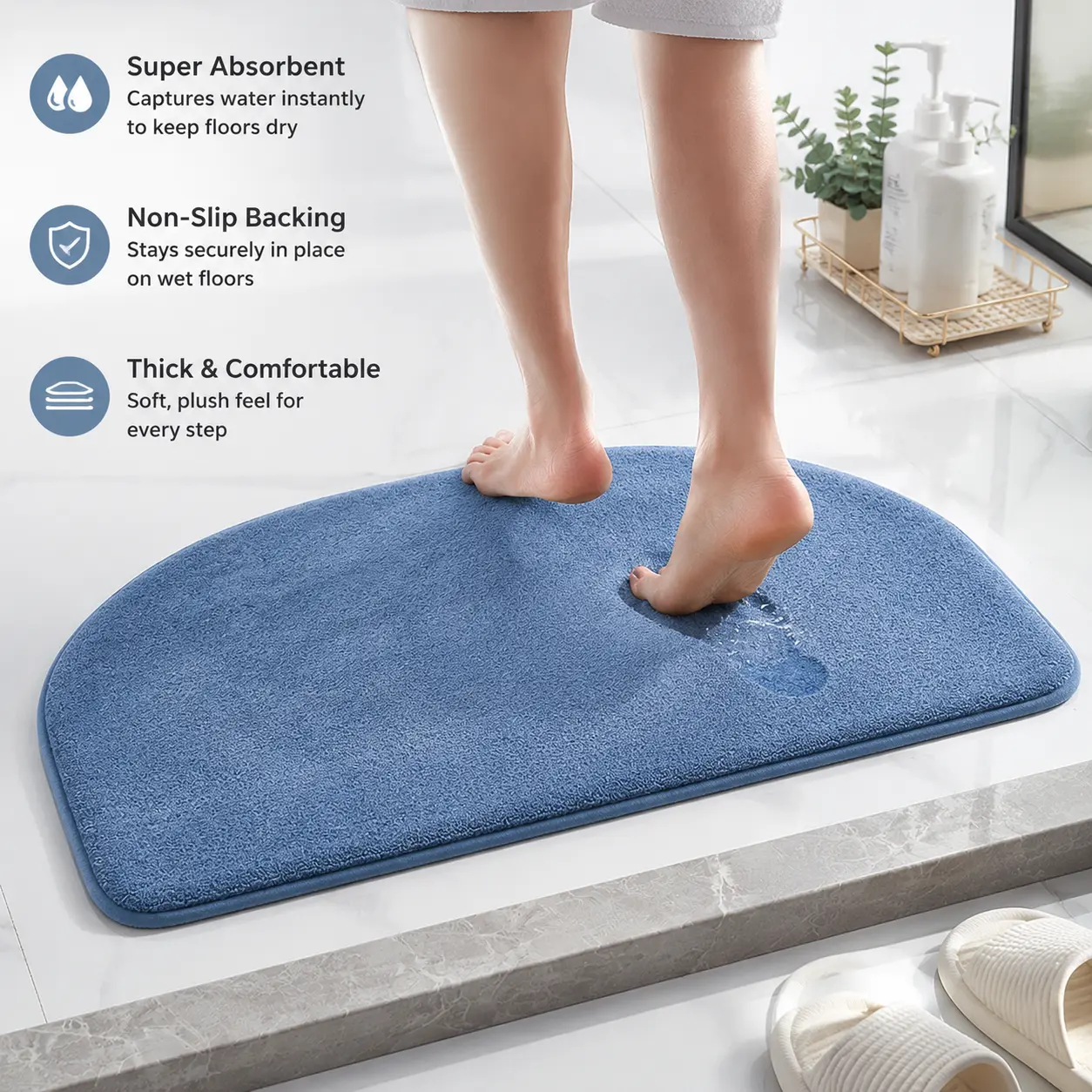 Solid Bath Mat - 1 Count Semi-Round Thick Microfiber Bath Mat, Non-Slip Water-Absorbent Soft Floor Rug for Bathroom Shower Entrance Home Use, One Mat