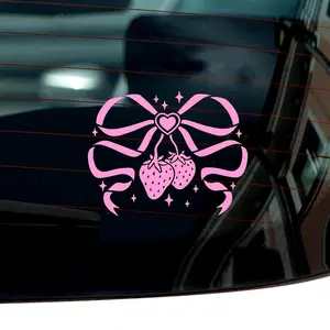 Strawberry Heart Bow Vinyl Decal - Car Window Coquette Ribbon Sticker