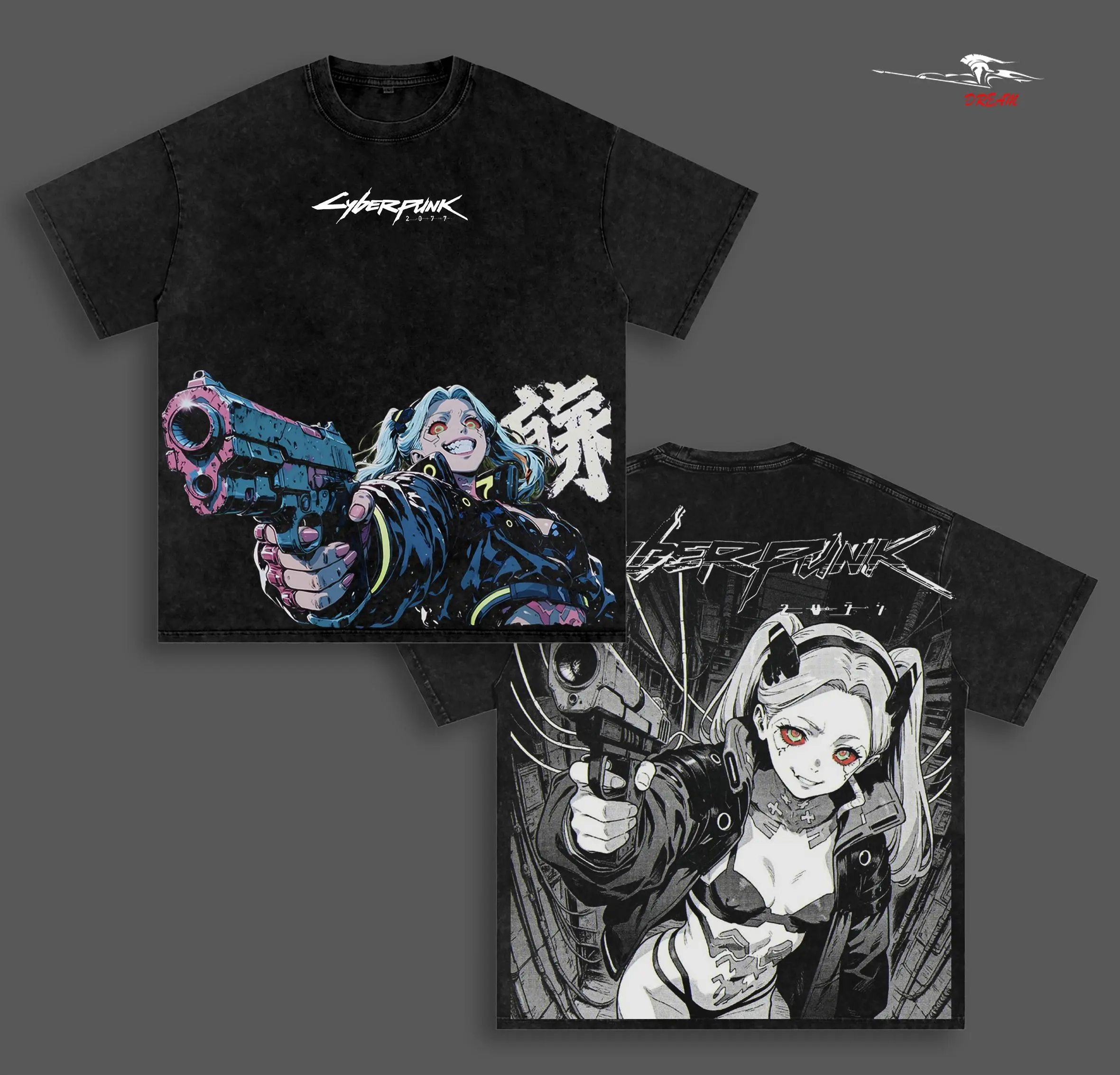 Rebecca Cyberpunk Edgerunners Anime Double Printed Vintage Washed Tee Unisex Oversize Anime Manga Washed Heavyweight Cotton T-shirt