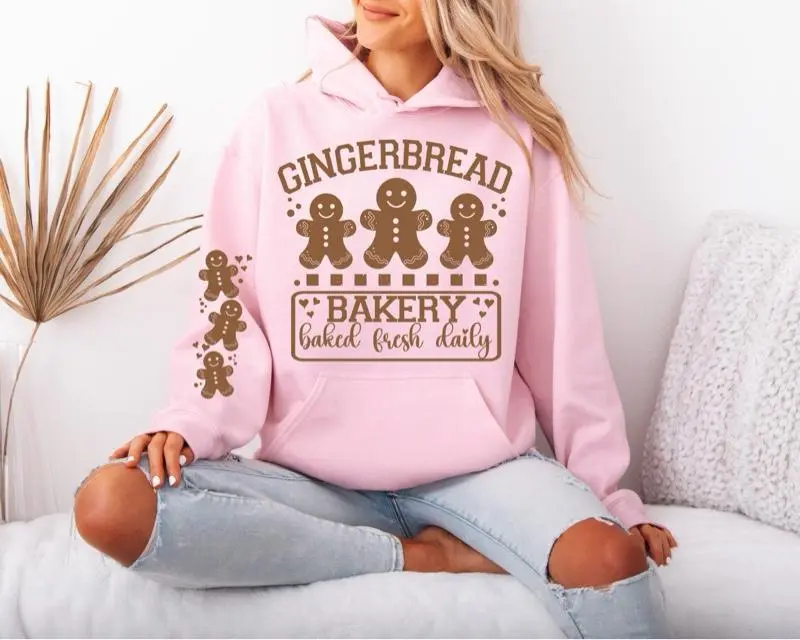 Gingerbread Bakery Gildan hooded Sweatshirt with Sleeve design unisex sizing womenswear comfortable soft Casual Pullover Tops Fabric Pocket Spandex Cotton hoodie Fit