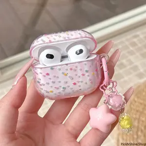 Pink Clear Dense Star Earphone Case With Lovely Keychain, Transparent Soft Protective Cover Compatible With AirPods Series Models, Anti-Drop Flexible Shell For Daily Carrying And Charging Use