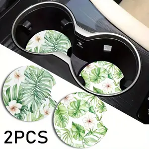 2pcs Tropical Green Flora Car Cup Holders - EVA Material, Floral Design with Palm Leaves & Flowers, Perfect for Summer & Nature Lovers, 2.75" Diameter, Car Cup Holder