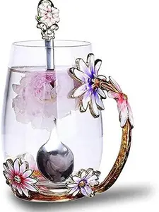 New Deal - Enamel flower Lead-free Glass Coffee Mugs Tea Cup with Steel Spoon, Best Birthday Gifts For Women Wife Mom Friends Mothers Valentines Day Christmas (Purple-Tall)