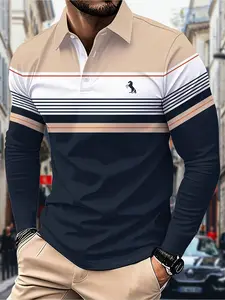 Men'S Long-Sleeve Polo Shirt with a Color-Block Theme And 3D Digital Printing, Featuring Everyday Striped Patterns, Suitable for All Adult Men And Teenage Boys.