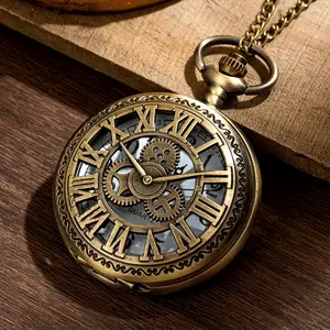 Large Classical And Stylish Creative Personalized Commemorative Gear Pocket Watch with Roman Numeral Hollow Design