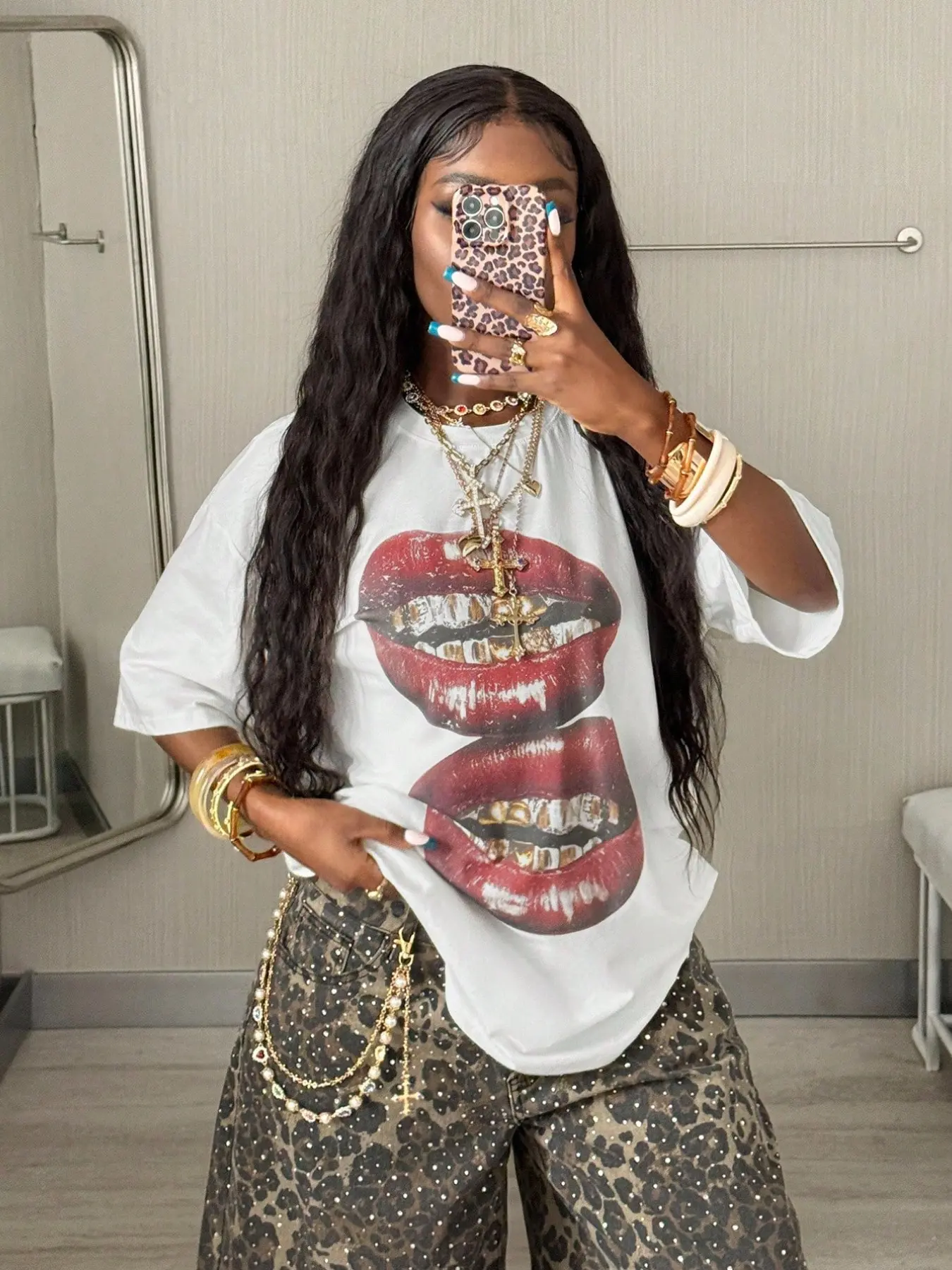 'Lips Grillz Print' Oversized, Baggy, Loose Cotton Graphic T-Shirt, Y2K Hip-Hop Streetwear Top, Soft Breathable Casual Stylish Summer Tee for Women, 2026 Trending Street Style Fashion, Unisex Aesthetic Shirt for Daily Wear, Club Outfits, Everyday