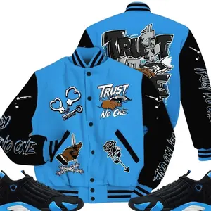 14 University Blue Outfits, Black University Blue 14s Varsity Jacket, Trust No One Unisex T-Shirts To Match Sneakers Streetwear