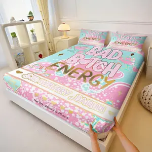 Bad Bitch Energy Print Bed Sheet 3pcs Set, Fitted Sheet with Deep Pockets, Cute Style, Ideal for Teen Girls & Trendy Dorm Room Decor