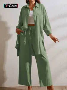 Two-Piece Set Women's Solid Button Front Collared Shirt & Pocket Wide Leg High Waist Pants Set, Casual Drop Shoulder Long Sleeve Top & Drawstring Waist Trousers Set for Spring & Fall, Womenswear