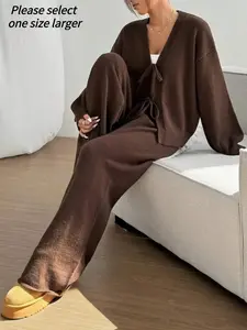 Women's 2 Pcs Tie Front Cardigan Sweater Set Solid Long Sleeve V Neck Cardigan Sweater Pants Two-piece Set Casual Fashion Cozy Knitwear Set for Daily Outdoor Wear Women Knitwear for Fall Winter Women Fall Loungewear set Outfit Womenswear Lounge Set