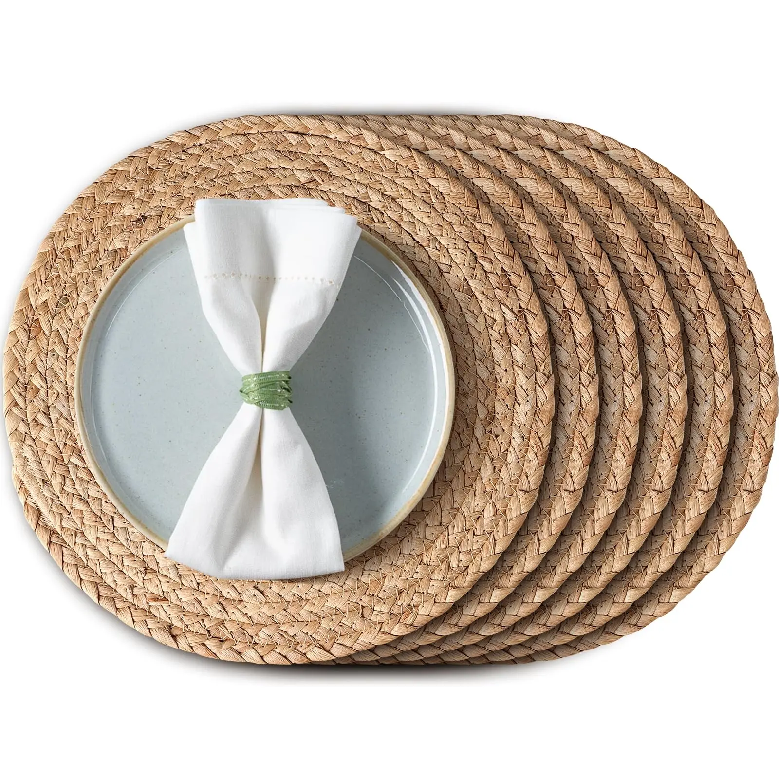 6 Pieces 13.8 inch Round Woven Placemats, Boho Rattan Place Mats, Natural Water Hyacinth Table Placemats, Farmhouse Weave Table Mats, Rustic Braided Wicker Charger Plates for Dining Table Decor