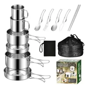 12PCS Adventure Camp Cook Set Camping Pots and Pans Family Cookset Non-toxic 304 Stainless Steel Kitchenware Set Foldable