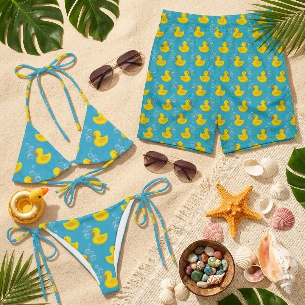 Couple Matching Swimwear Set, Rubber Duck Print Bikini and Shorts, Summer Beach Vacation Outfit