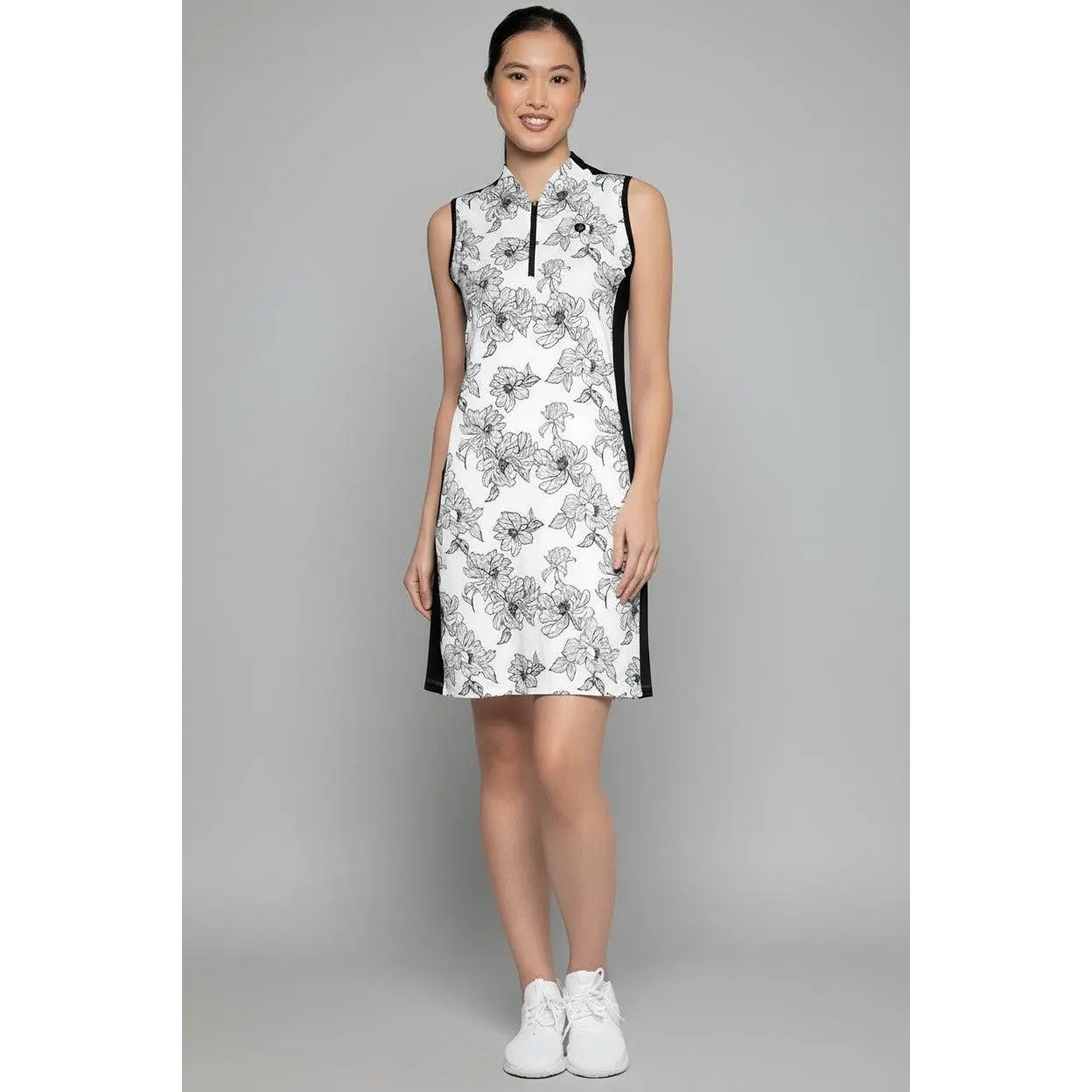 Backspin | Women's Sleeveless Golf Dress | White/Black Perfect Peony