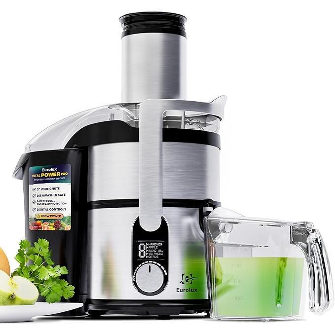 Eurolux Premium Juicer Machine 800W Pro Centrifugal Juicer with Wide Mouth 3" Feed Chute for Whole Fruits & Vegetables Easy to Clean Stainless Steel BPA-Free Powerful Juice Extractor Smoothie Blender