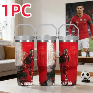 1pc 30oz Ronaldo 7 Stainless Steel Sports Insulated Cup, Portugal Football Star Full Print, Portable Handle Large Capacity Water Bottle