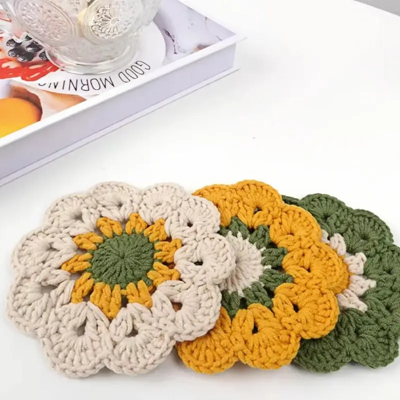 Flower Pattern Crochet Coaster, 3 Counts/set Crochet Coaster, Heat Resistant Cup Mat, Decorative Coaster, Table Decoration for Home Kitchen Dining Room