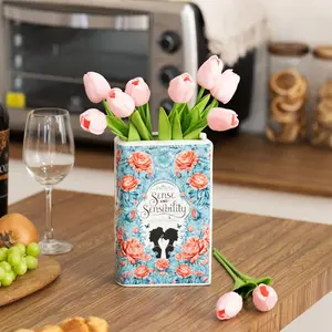 Handmade Book Shaped Flower Vase, Book Lovers Gifts, Book Shelf Decor Aesthetic, Large Ceramic Utensil Holder for Kitchen Counter, Home Kitchen Decor, Planter Pot Library Decor (Sense & Sensibility)