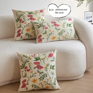 Floral Embroidery Cushion Cover, 1 Count Square Throw Pillow Cover without Filler, Household Decoration Supplies for Home Living Room Bedroom, Home Textile