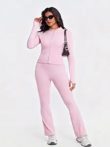 Women's Soft Yoga Sport Set, Two-Piece Fitness with Zipper Jacket and Flare Pants, High-Waisted Leggings with Pockets, Casual & Sports，OOTD