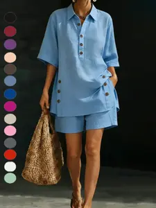 2026 Summer New Women's Linen Shirt and Shorts Two-Piece Set, Casual Comfortable Loose Button, Trendy Fashion Ensemble